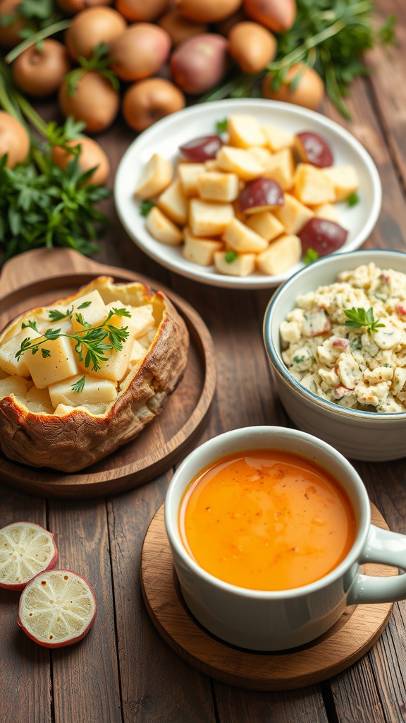 A variety of potato dishes including baked potato, potato salad, and potato soup, displayed on a rustic table with fresh ingredients.